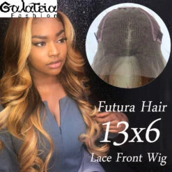 PERRUQUE SYNTHÉTIQUE FIBRE FUTURA BODY WEAVE OMBRE HIGHLIGHT MARRON AVANT DENTELLE SUISSE 13X6